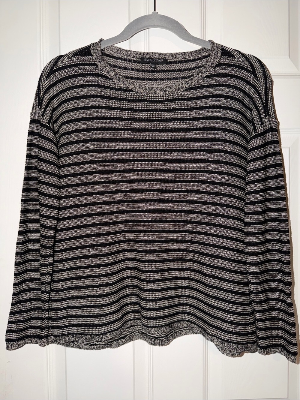Eileen Fisher Petite Striped OrganicWool and Linen Blend Sweater - Black & Cream